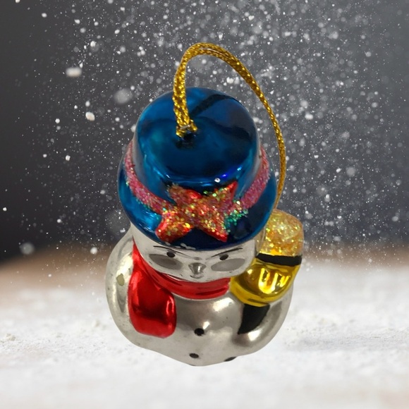 Festive Snowman Ornament with Red Scarf and Blue Hat - Picture 3 of 7